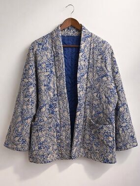 Quilted Floral Open-Front Jacket - Blue/Cream